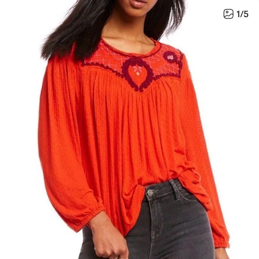 Free People Begonia Embroidered Top Blouse Red